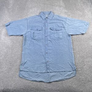 VINTAGE Albert Hei Top Womens Medium Blue Silk Button Up High‎ Low Pockets